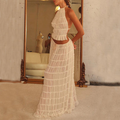 2pcs Women's Dress Suit Sleeveless Backless Cropped Halter Top And Pleated Long Skirt Beach Clothing