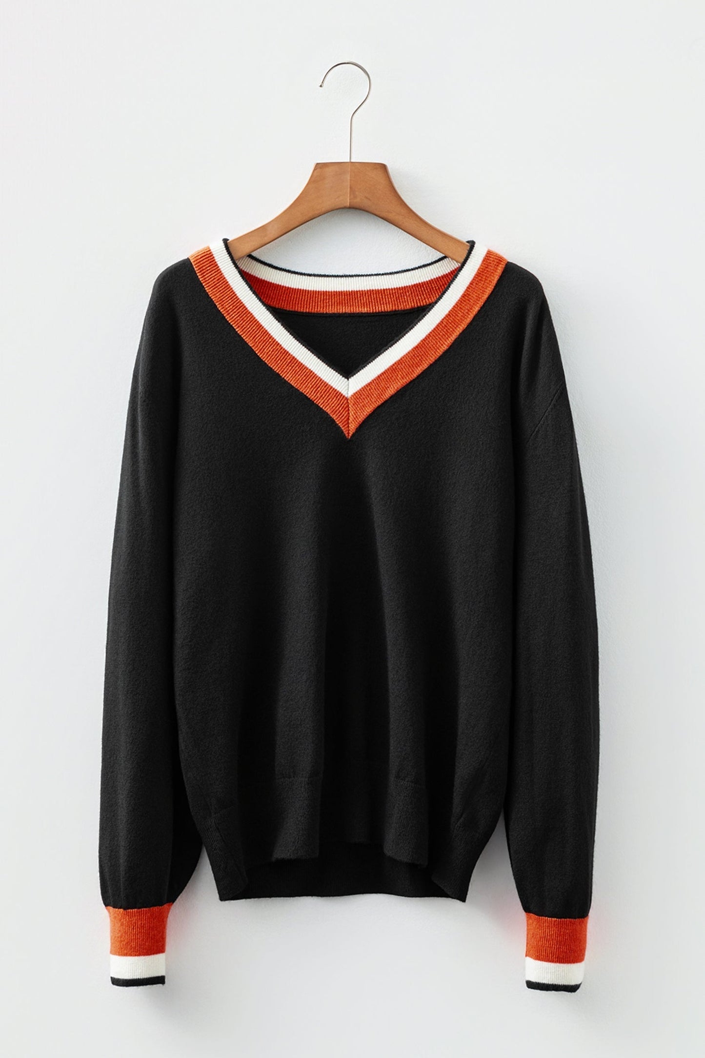 Threaded Pear Scarlett Striped Trim Varsity Sweater