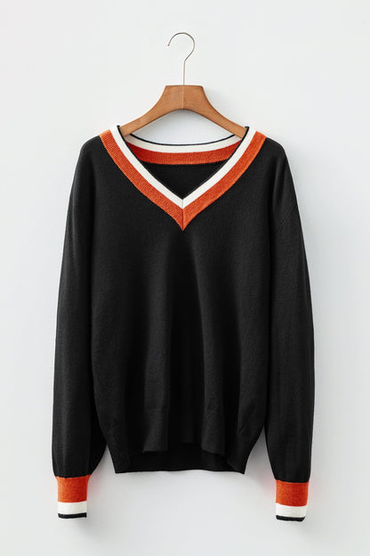 Threaded Pear Scarlett Striped Trim Varsity Sweater