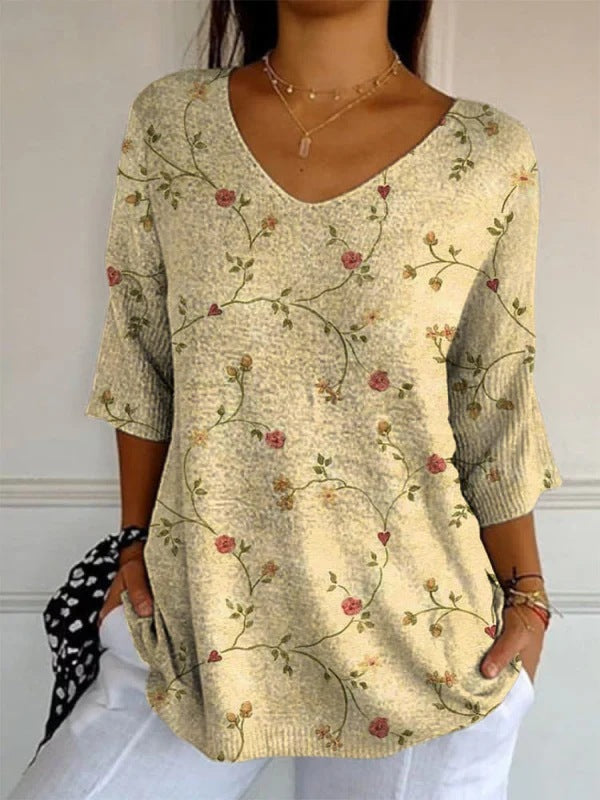 Women’s Elegant Retro Floral Print V-Neck Top | High-Sense Casual Long Sleeve Blouse | Trendy Minimalist Vintage-Style Top | Luxury-Label Statuesque Spring Wear | 2026 High-Fashion Radiant Urban Essential