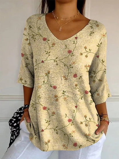 Women’s Elegant Retro Floral Print V-Neck Top | High-Sense Casual Long Sleeve Blouse | Trendy Minimalist Vintage-Style Top | Luxury-Label Statuesque Spring Wear | 2026 High-Fashion Radiant Urban Essential