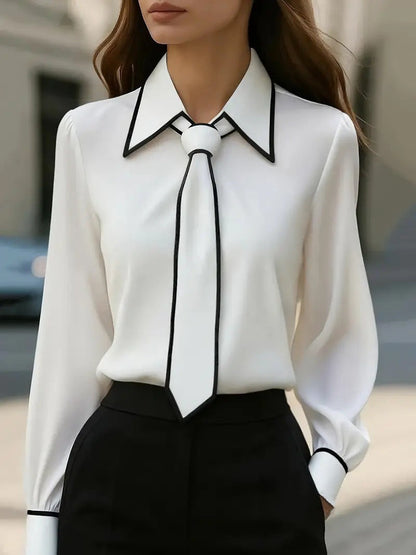 Women’s Autumn Tie-Neck Commute Shirt | Solid Color Long Sleeve Professional Blouse | Modern Office Wear Formal Top | Elegant Tie-Design Fashion Shirt