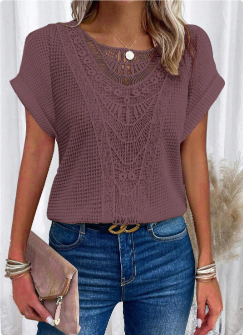 Women’s Summer Hollow-Out T-Shirt | Fashion Ethnic Style Short-Sleeved Top | Elegant Embroidered Lace Knit Blouse | Trendy Minimalist Breathable Summer Clothing | 2026 High-Fashion Artisan Ethnic Top