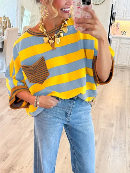 Women's T-shirts Striped Drop Shoulder Pocket T-shirt