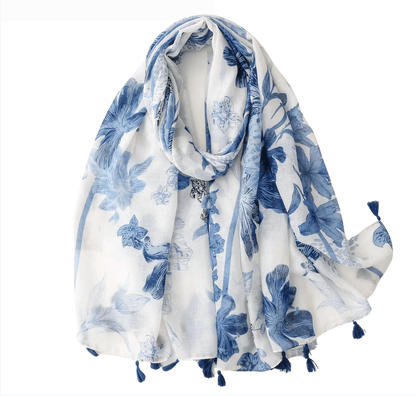 Blue and White Tropical Flower Scarf