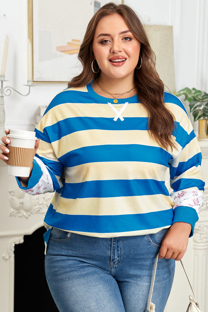 Threaded Pear Blue Stripe Floral Color Block Drop Shoulder Plus Size Pullover Top