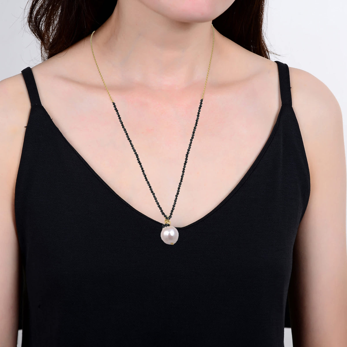 18K Plated Sterling Silver Freshwater Pearl and Natural Black Spinel Necklace with Adjustable Chain