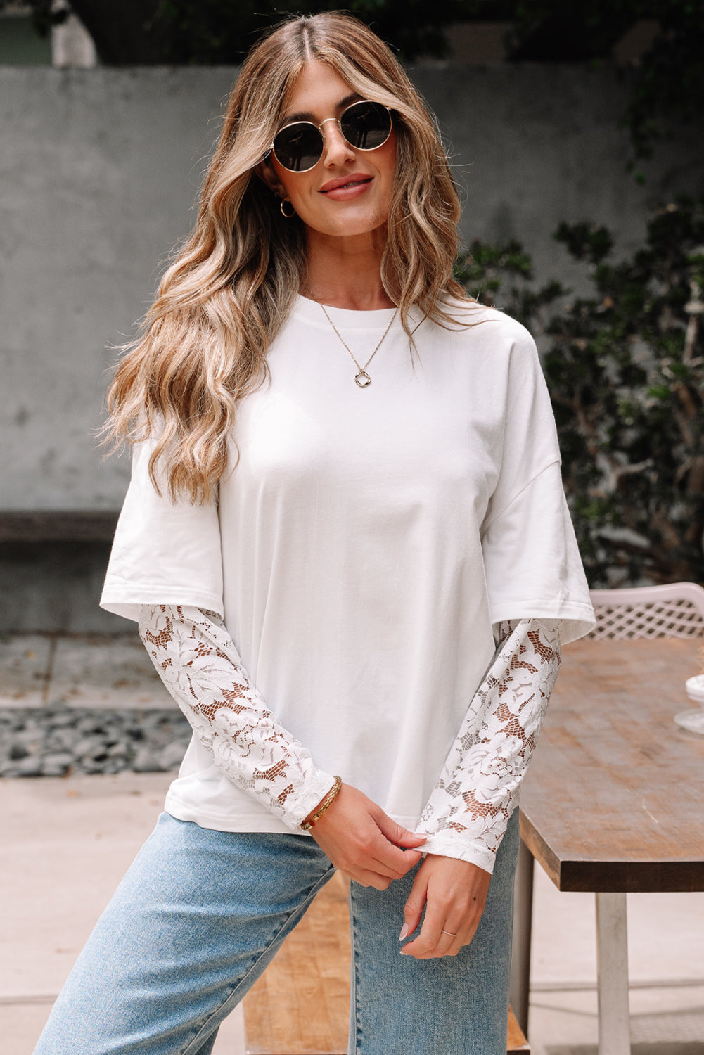 Threaded Pear Hallie Lace Long Sleeve Insert Drop Shoulder Top