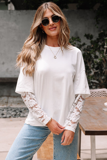 Threaded Pear Hallie Lace Long Sleeve Insert Drop Shoulder Top