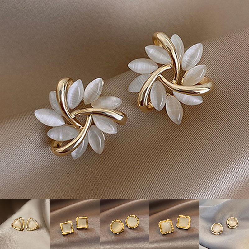 Luxury Cat’s Eye Flower Earrings | High-Sense Opal Geometric Studs | Square & Triangle Iridescent Jewelry | Elegant Floral Opal Earrings for Women