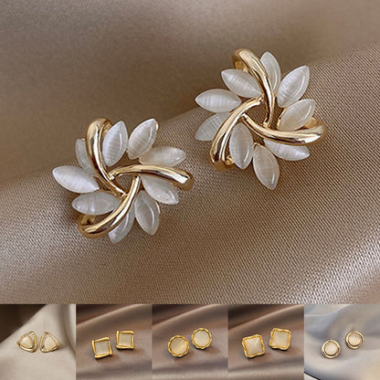 Luxury Cat’s Eye Flower Earrings | High-Sense Opal Geometric Studs | Square & Triangle Iridescent Jewelry | Elegant Floral Opal Earrings for Women