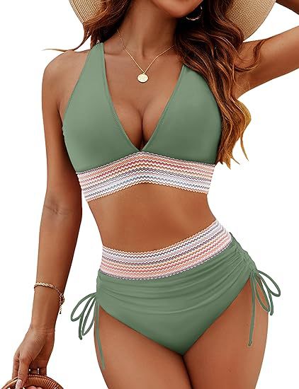 Fashion Womens High Waist Bikini Set Two Piece Swimsuit Solid Color