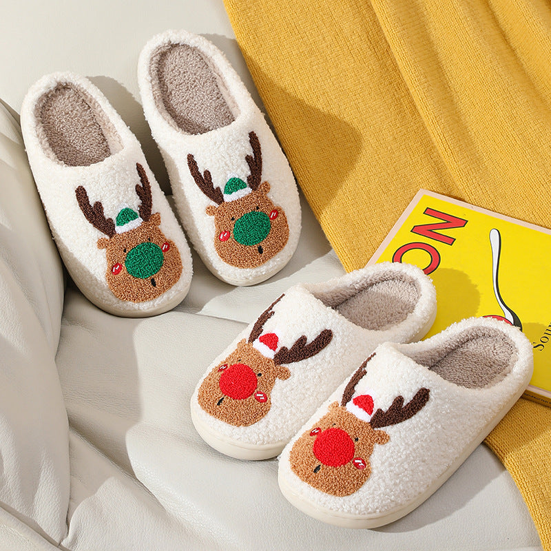 Christmas Elk Winter Home Slippers | Soft Cozy Reindeer Bedroom Shoes | Plush Slip-On House Slippers for Men & Women | Warm Holiday Indoor Footwear