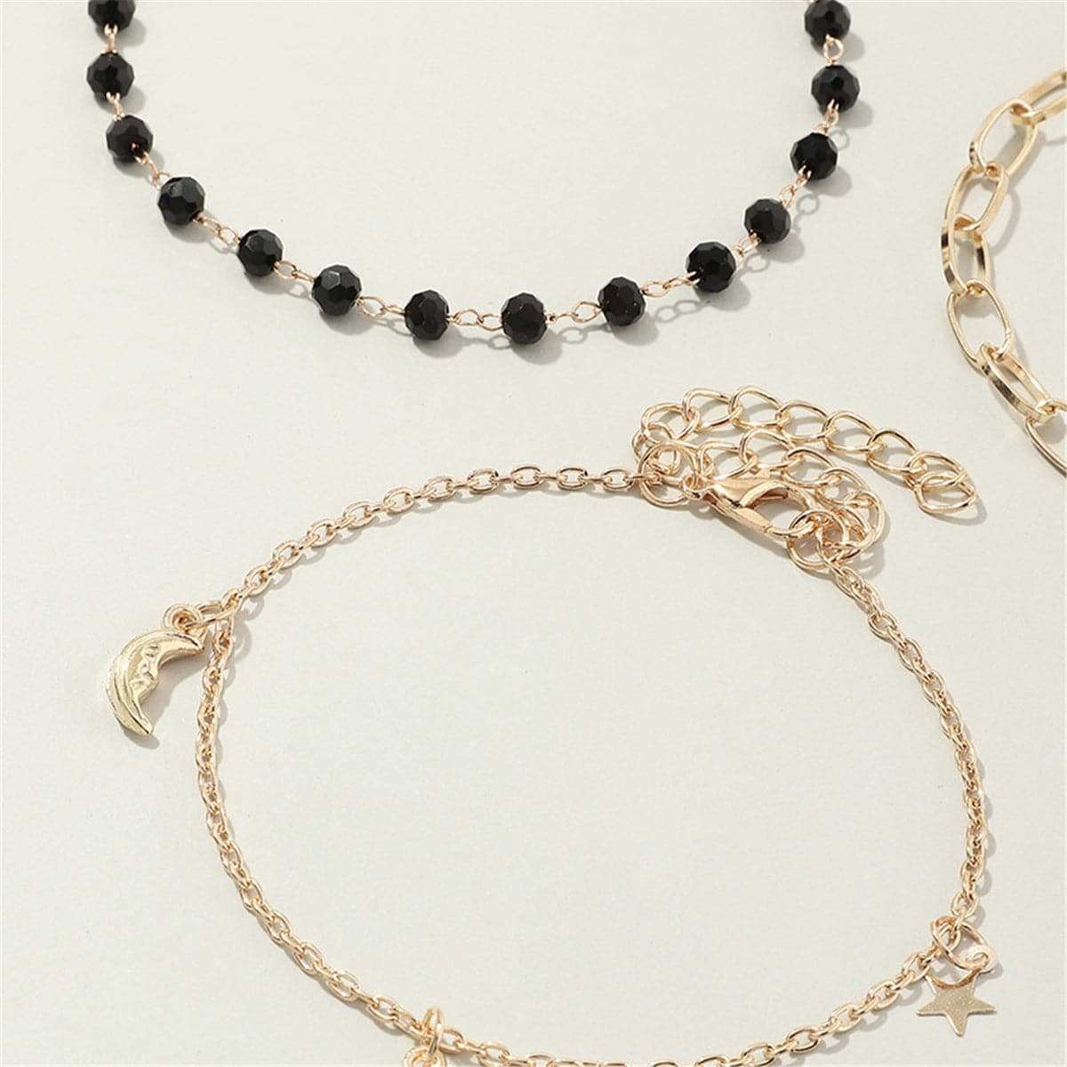 Black Bead & 18K Gold Plated Sun Figaro Anklet Set