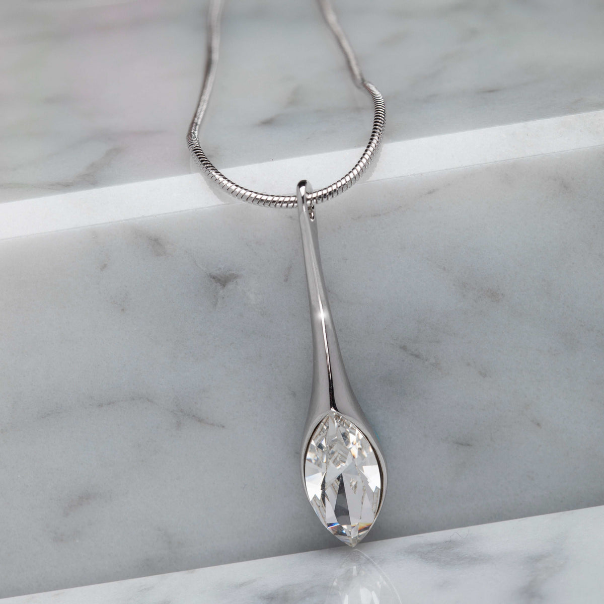Elegant Long Clear Marquis Navette Drop Necklace with Swarovski Crystals