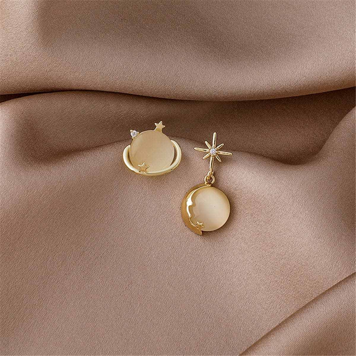 Cat-eye & Goldtone Planet Stud Earring & Moon Drop Earring