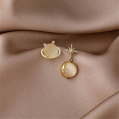 Cat-eye & Goldtone Planet Stud Earring & Moon Drop Earring