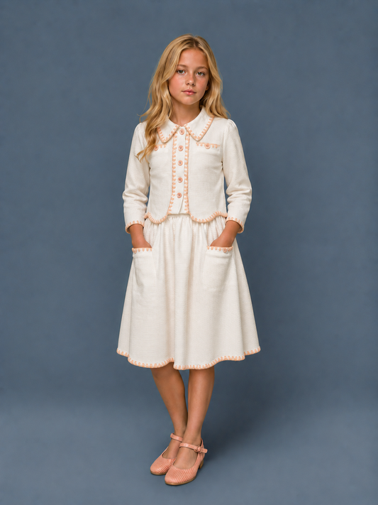 Embroidered Scalloped White Girls Set