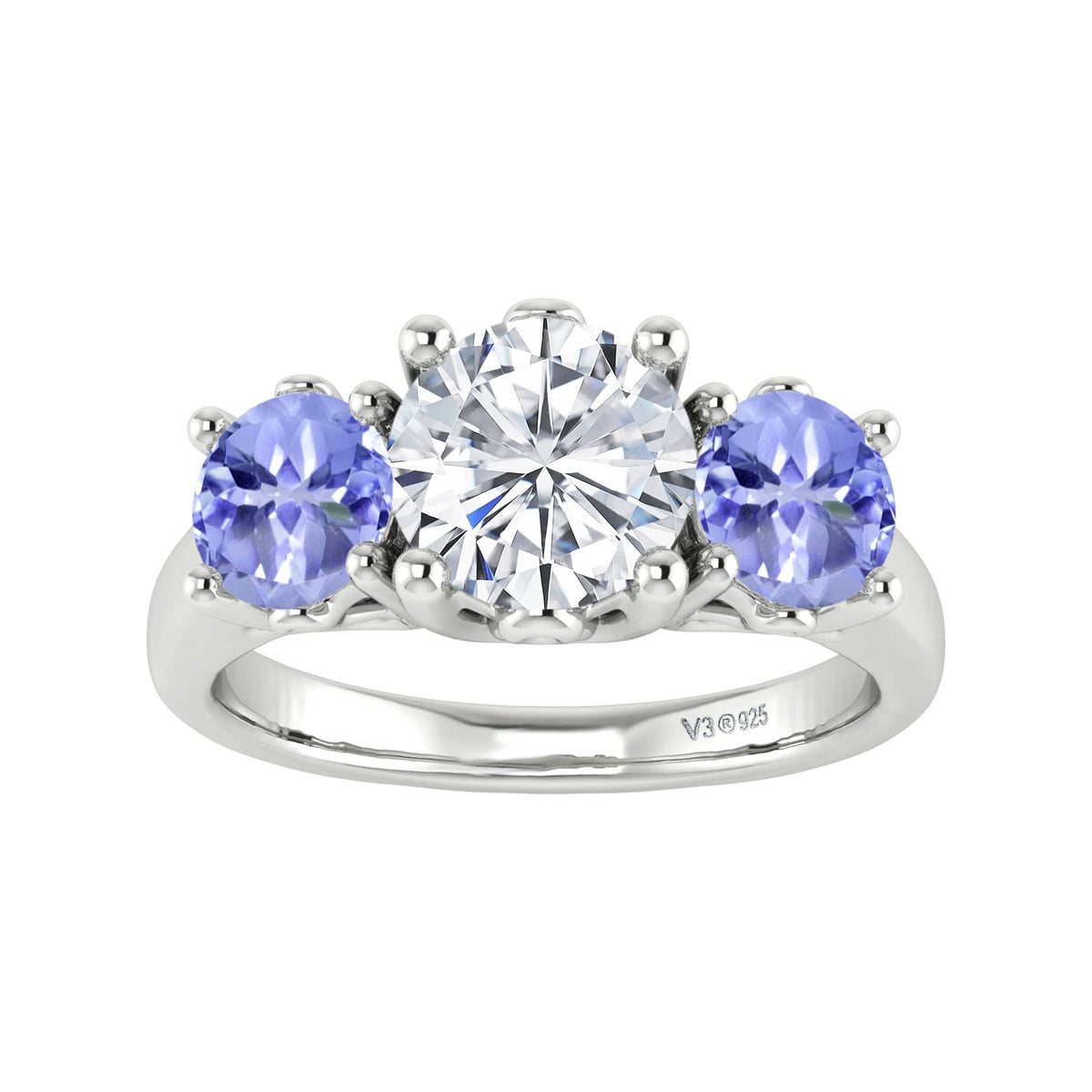 Sterling Silver 1.30CT Moissanite and Tanzanite Three Stone Ring