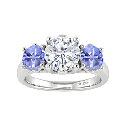 Sterling Silver 1.30CT Moissanite and Tanzanite Three Stone Ring