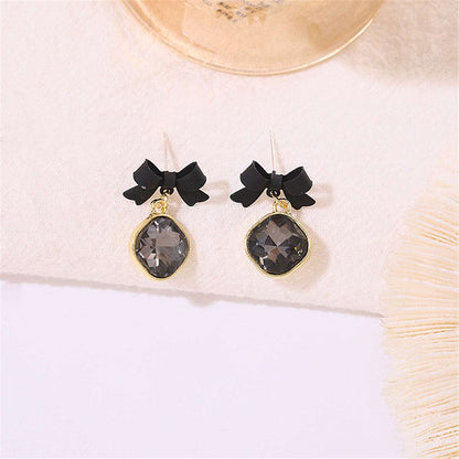 Black Crystal & Goldtone Bow Diamond Drop Earrings