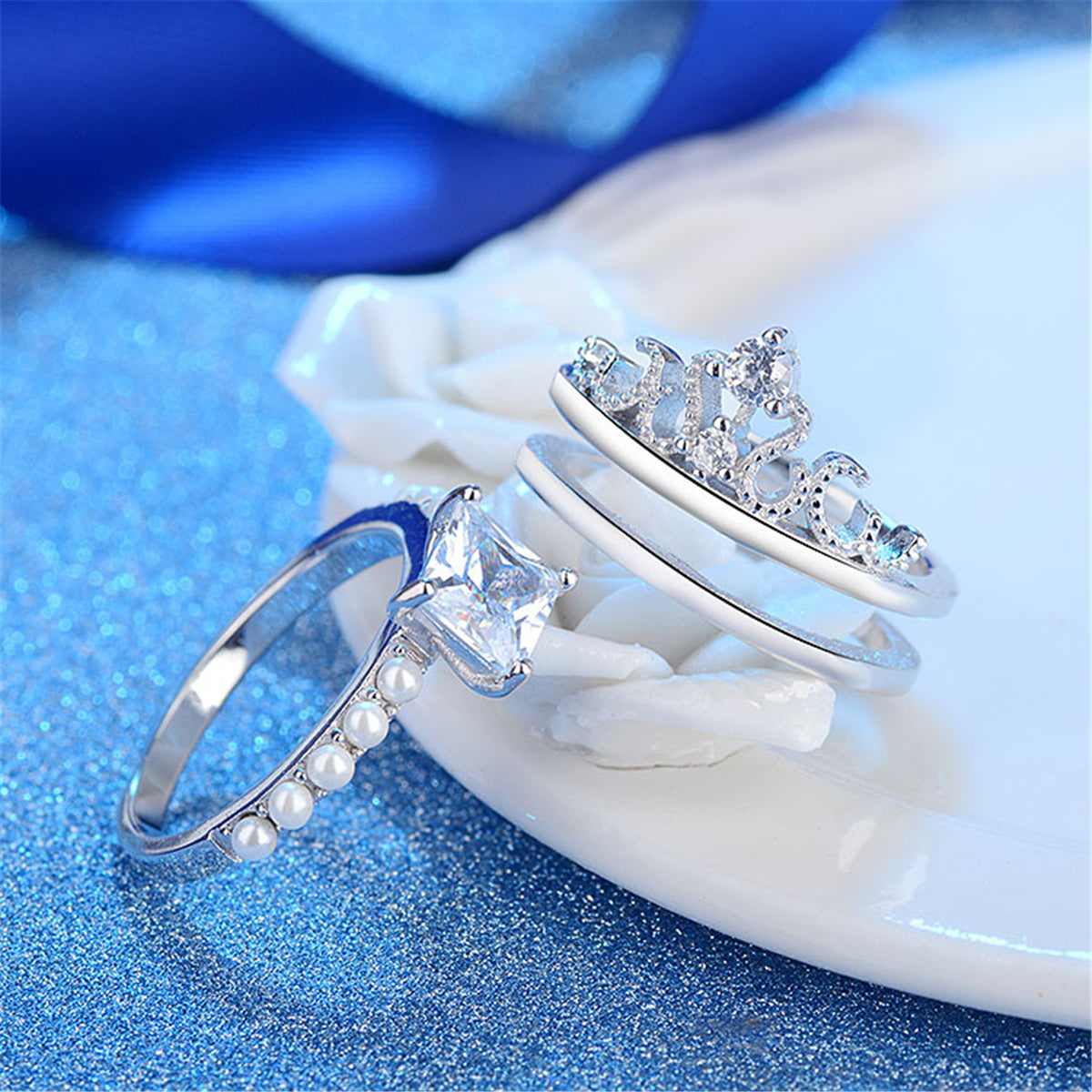 Crystal & Pearl Silvertone Princess-Cut Ring & Band Set