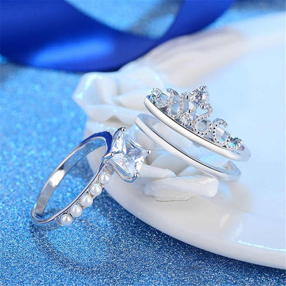 Crystal & Pearl Silvertone Princess-Cut Ring & Band Set