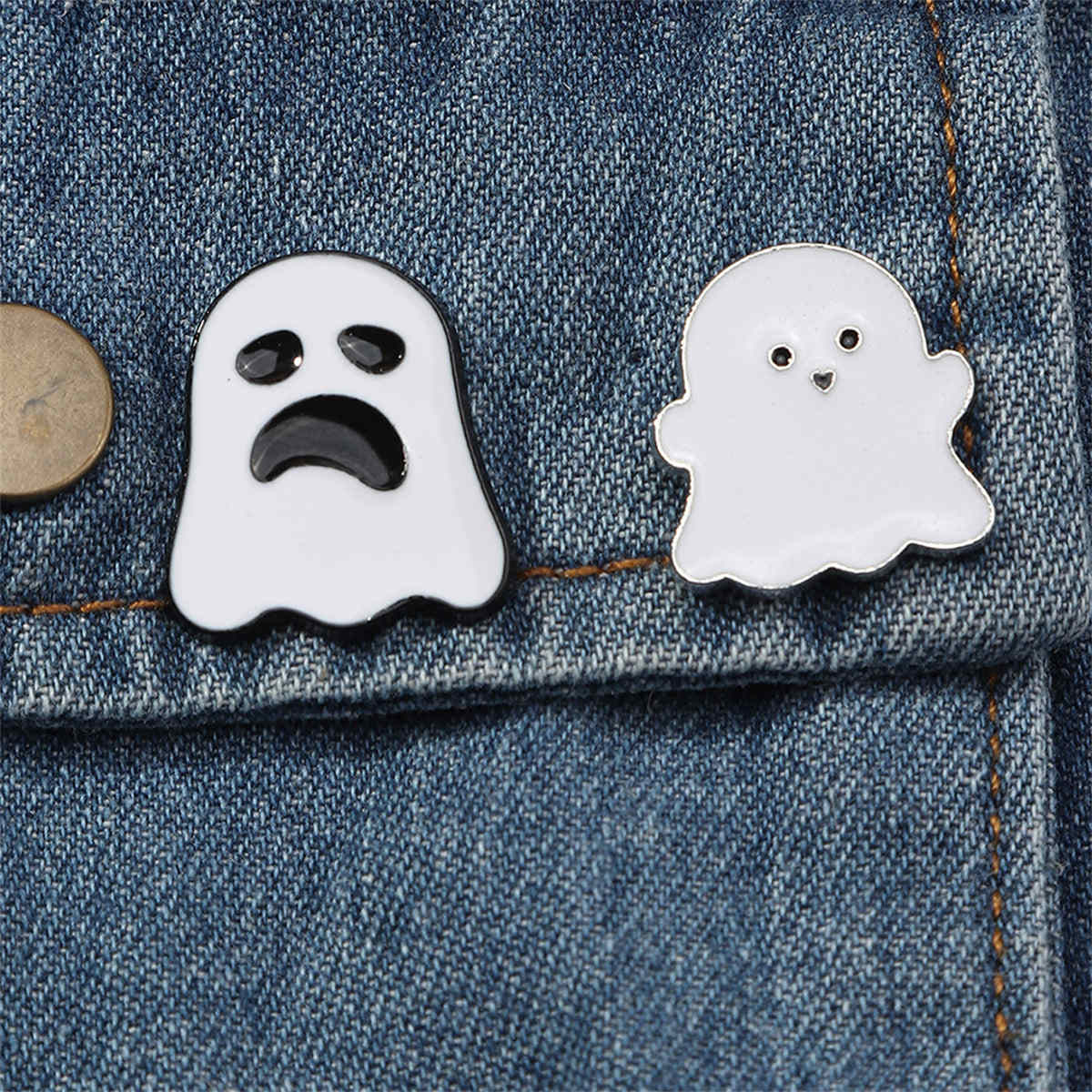 White & Silvertone Ghost Enamel Pin Set