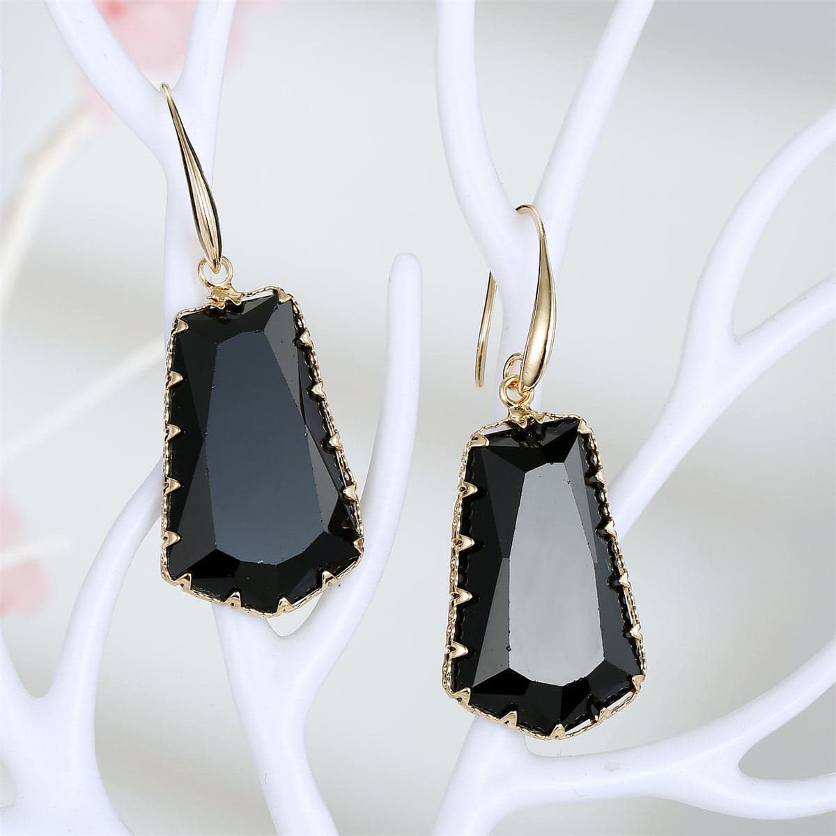 Black Crystal & Goldtone Shield Drop Earrings