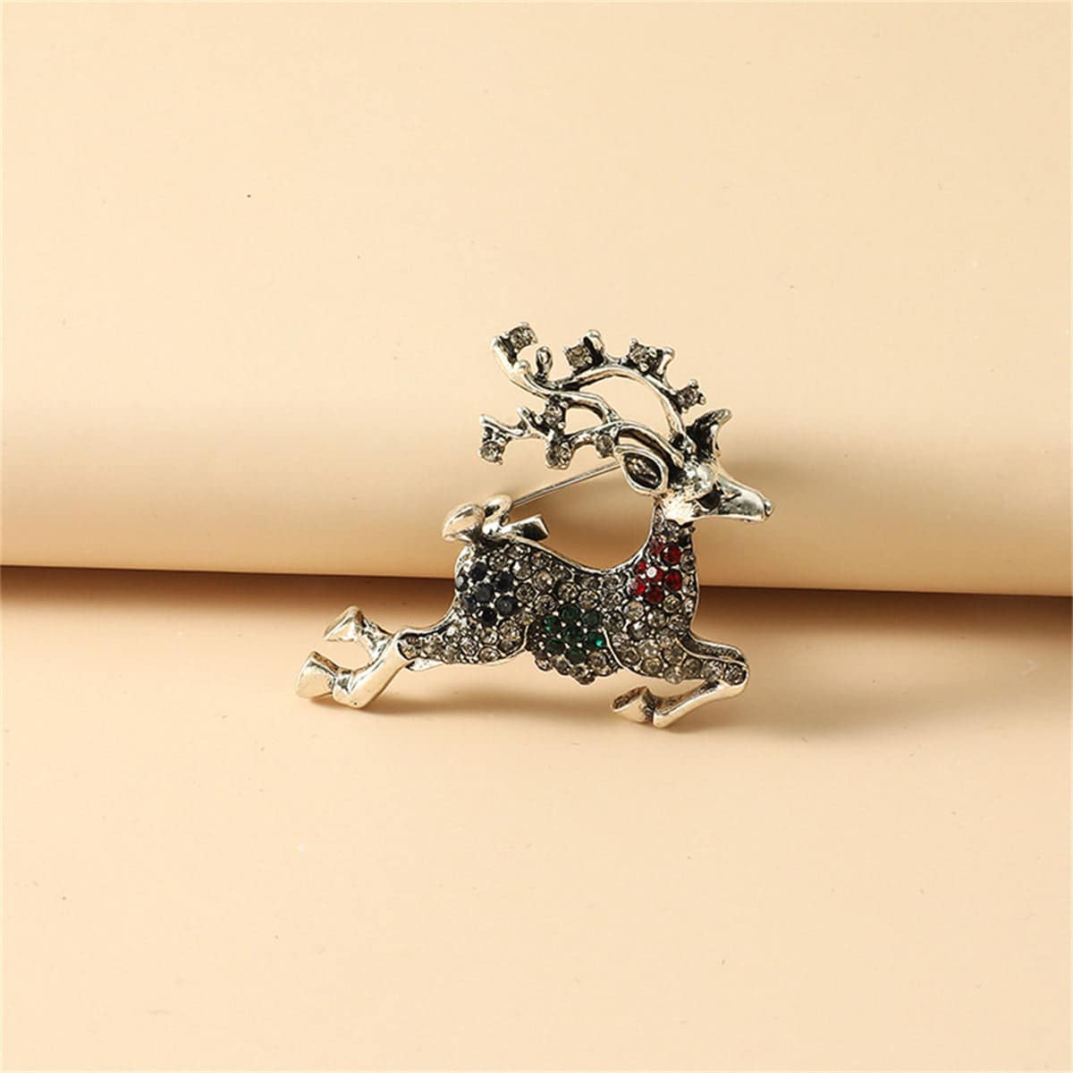 Cubic Zirconia & Silvertone Reindeer Brooch