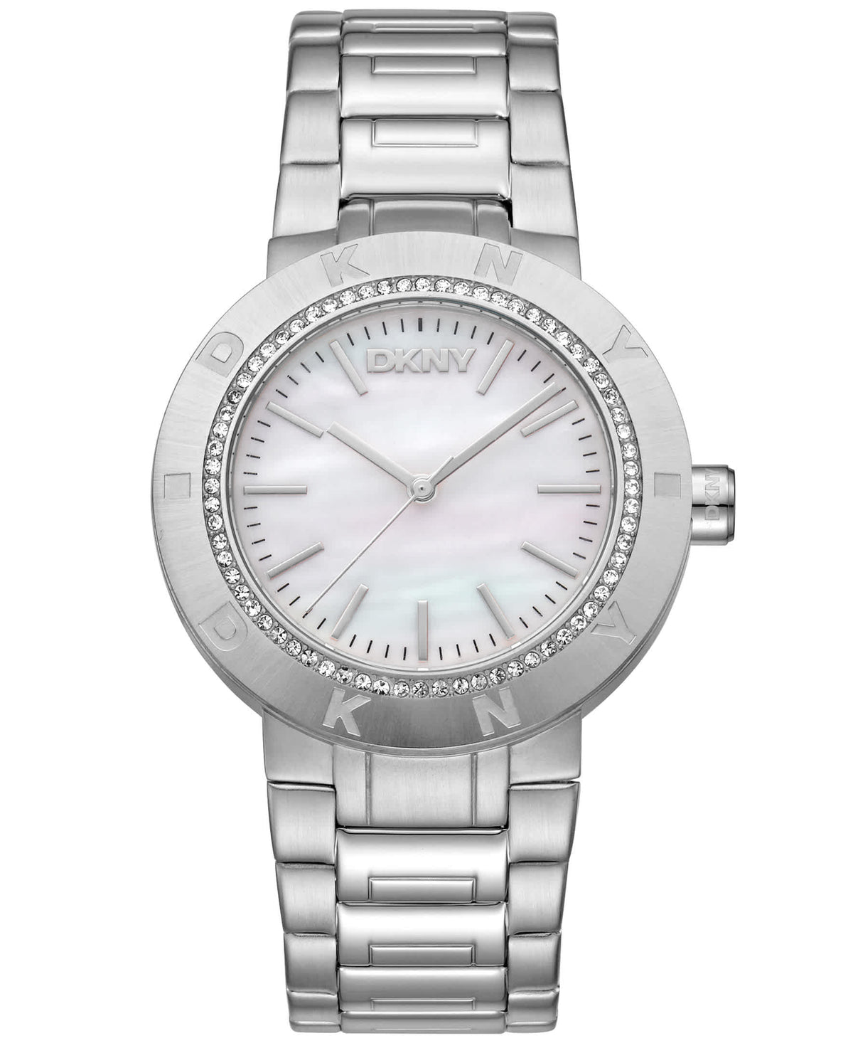 Dkny Women Watch, Silver Color Case, White MOP Dial, Stainless Steel Metal Bracelet, 3 Hands, 5 Atm