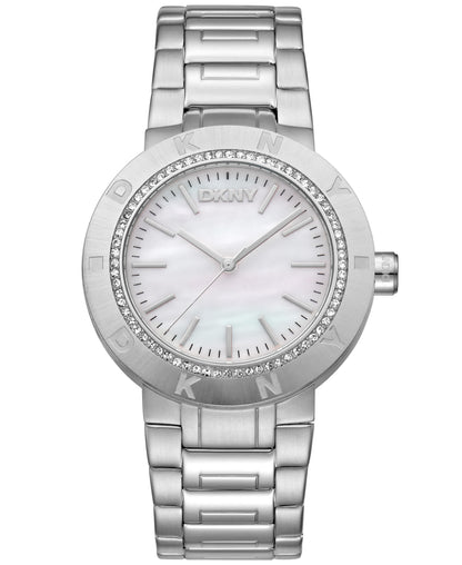 Dkny Women Watch, Silver Color Case, White MOP Dial, Stainless Steel Metal Bracelet, 3 Hands, 5 Atm