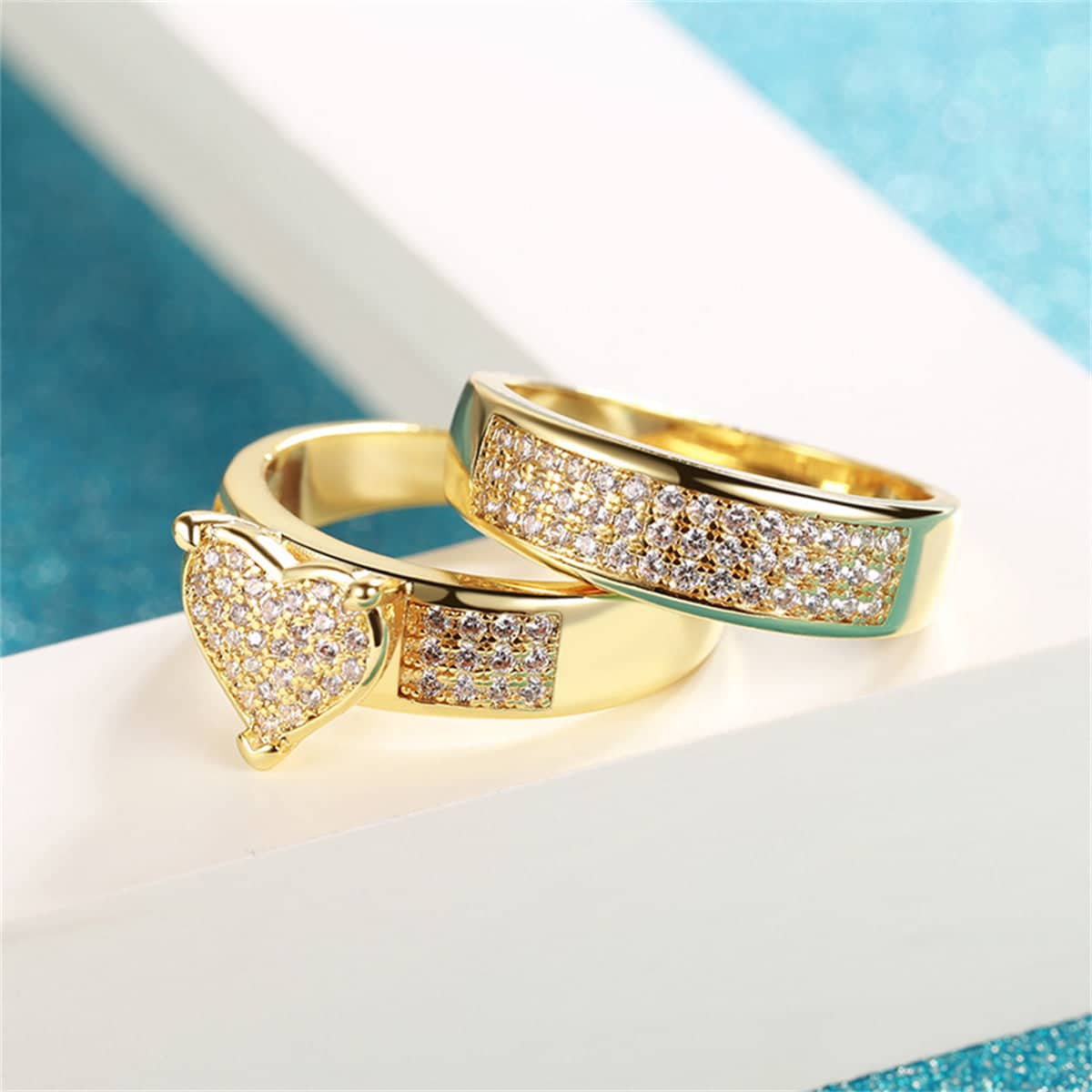 Cubic Zirconia & Goldtone Heart Band Ring Set