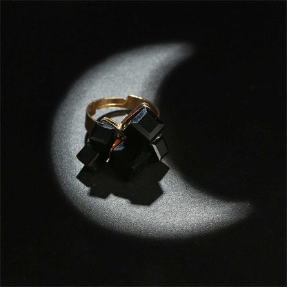Black Crystal & Goldtone Cube Cluster Adjustable Ring