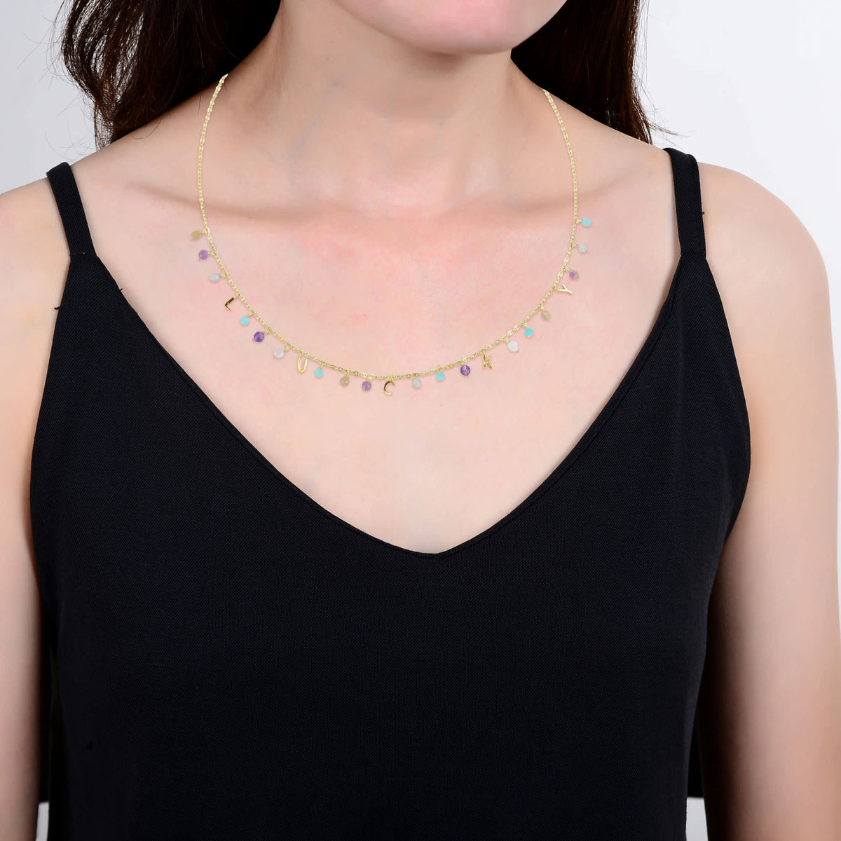 Gold Over Sterling Silver Natural Amazonite, Labradorite, Red Tourmaline, Orange Moonstone, Pink Opal and Amethyst Lucky Necklace 18"