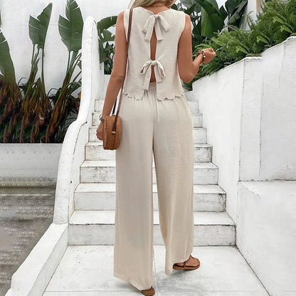 Elegant 2-Piece Matching Set, Sleeveless Crop Top And Wide Leg Pants Outfits