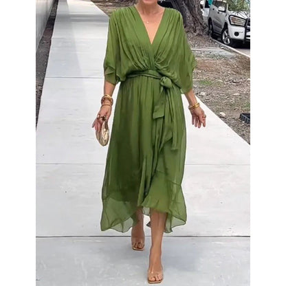 Batwing Sleeve V-Neck Midi Dress – Tied Irregular Hem Fairy Dress