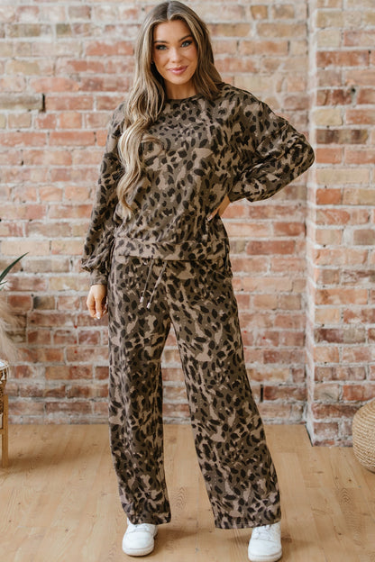 Threaded Pear Catherine Leopard Pullover Drawstring Loose Pant Set