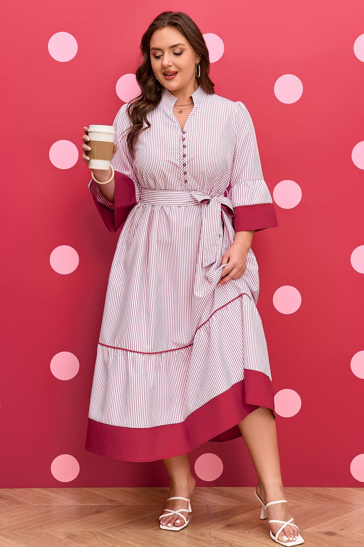 Threaded Pear Charlee Hem Pinstriped Midi PLUS Dress