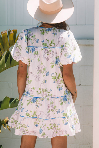 Threaded Pear Celina Floral Striped Trim Tie Split Neck Mini Dress