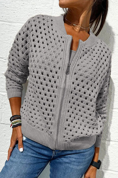 Women’s Fashion Hollow Knitted Zip-Up Jacket | Long-Sleeved Breathable Crochet Top | Trendy Lightweight Knit Cardigan | Modern Urban Layering Jacket for Women