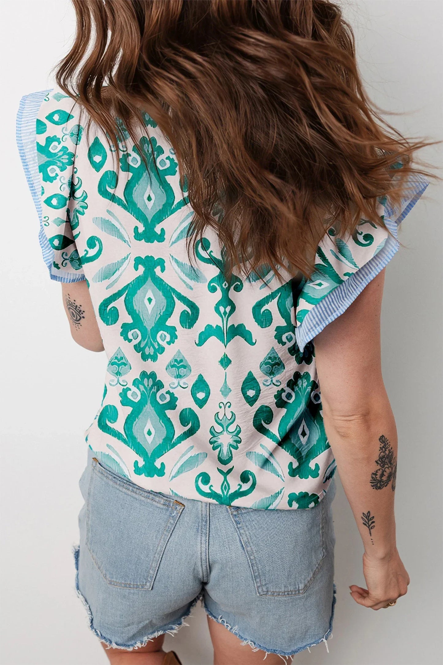 Arianna - Sky Blue Ethnic Print Striped Trim Flutter Sleeve Top