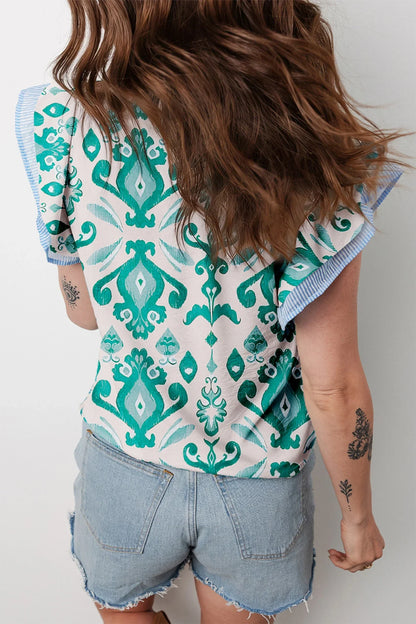 Arianna - Sky Blue Ethnic Print Striped Trim Flutter Sleeve Top