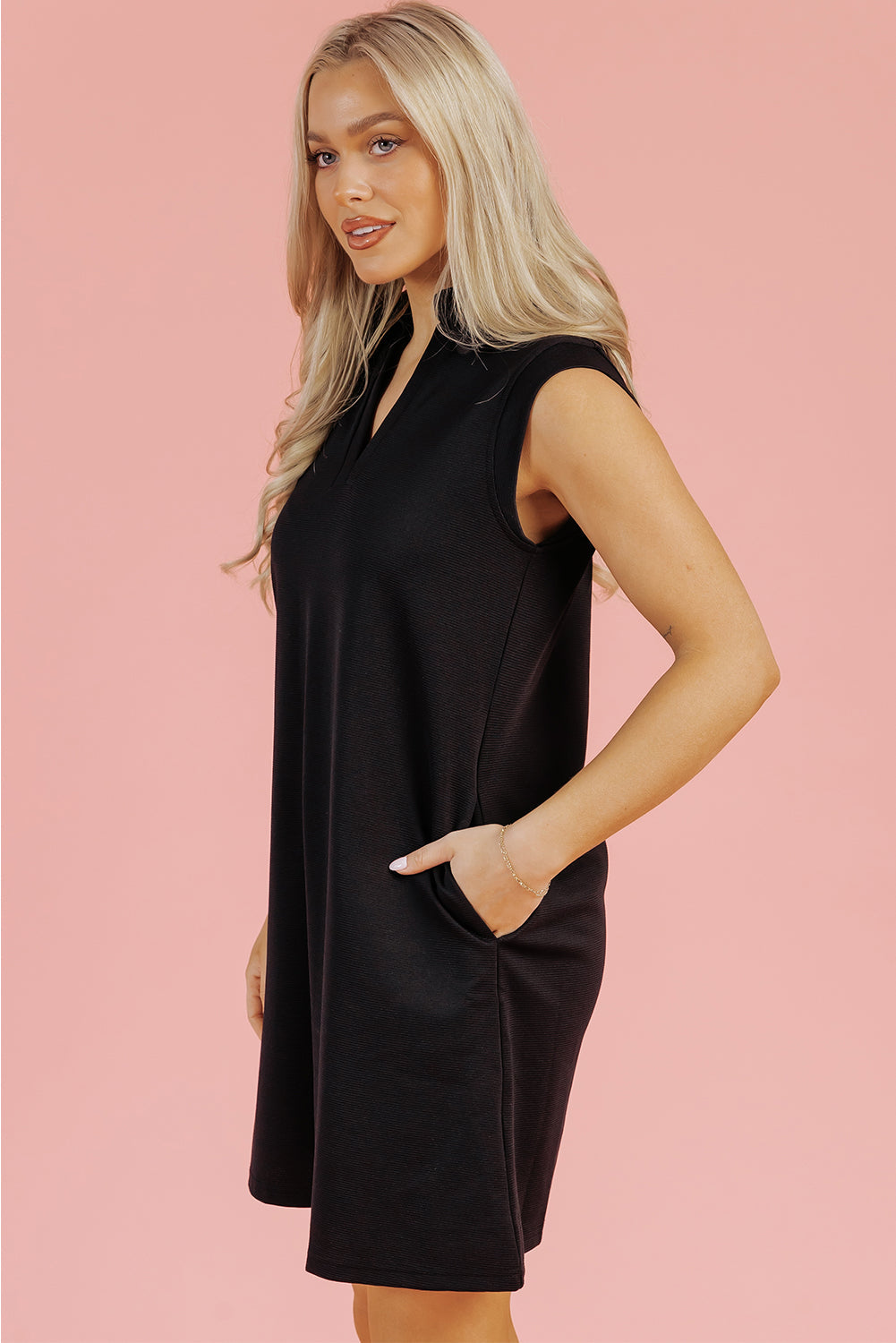 Threaded Pear Kyla Collared Slit Neck Sleeveless Mini Dress