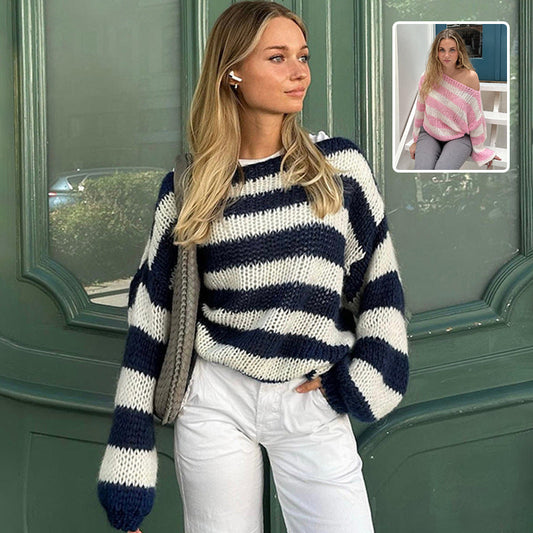 Women’s Loose Striped Pullover Sweater | High-Sense Versatile Knitted Top | Trendy Minimalist Long-Sleeve Stripe Jumper | Luxury-Label Statuesque Radiant Knitwear | 2026 High-Fashion Emerald-Luxe Essential