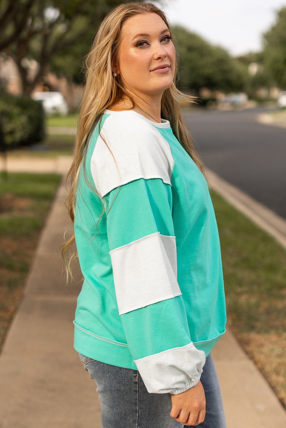 Threaded Pear Aruba Blue Colorblock Patchwork Cross Seam Plus Sweatshirt