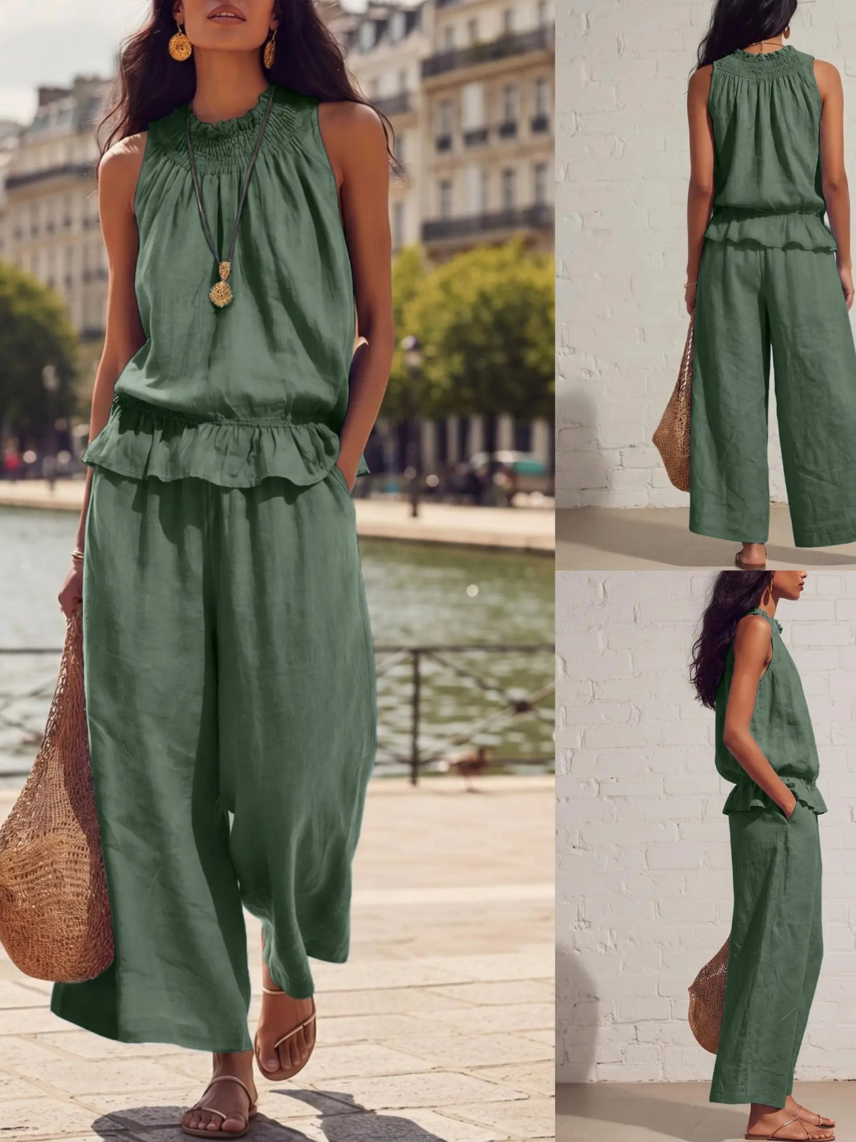 Women's 2 Piece Outfits Sleeveless Ruffle Top Wide Leg Pants Summer Loungewear