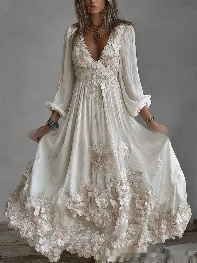Women’s Retro Bohemian Rose-Embroidered Maxi Dress | Loose Fit Vintage Linen Gown | Ethnic Style V-Neck Summer Travel Dress | Flowy Embroidered Boho Dress for Women