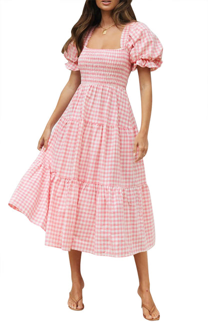 ✨Women's 2025 Summer Plaid Tiered Square Neck Puff Sleeve Ruffle Flowy Midi Dress
