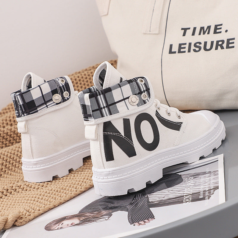 Women’s All-Match High-Top Canvas Boots | Trendy Girls' Short Canvas Sneakers | Modern Urban High-Top Lace-Up Shoes | Breathable Casual Canvas Short Boots for Women